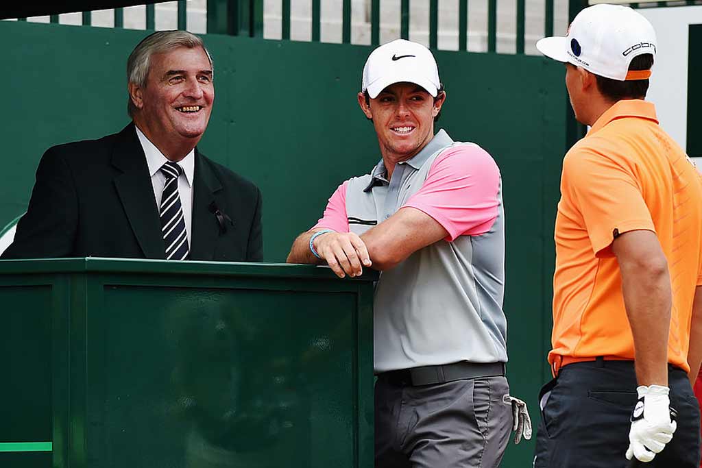 Announcer Ivor Robson (left) with Rory McIlroy and Rickie Fowler at The Open in 2014